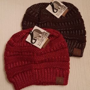 CC exclusives messy bun red metallic beanie NWT!